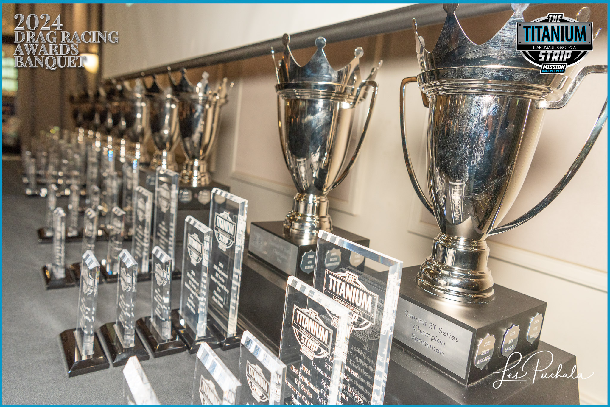 Table full of champion trophies at the Racer Banquet