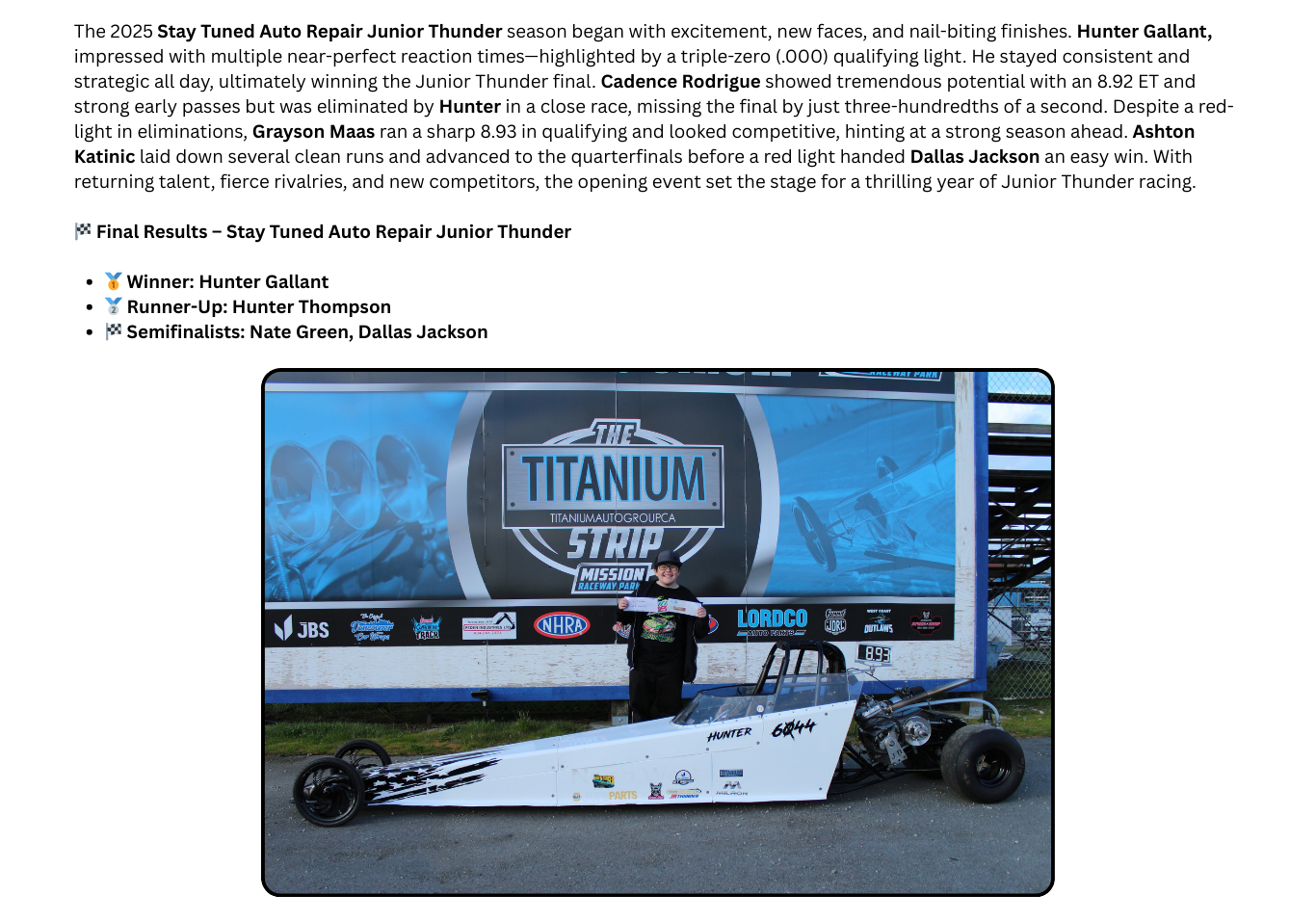 Hunter Gallant - Stay Tuned Auto Repair Jr Thunder Winner