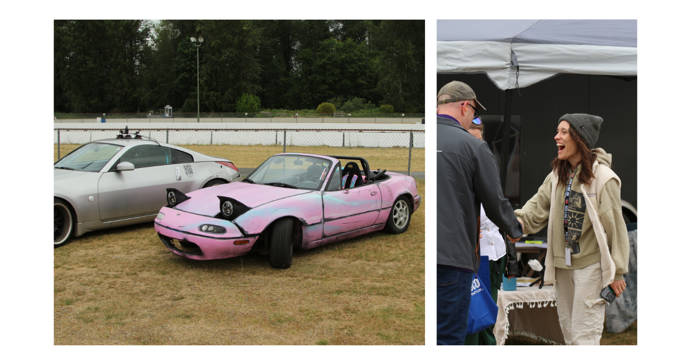 Cassandra Ebner, Drifter and Professional stunt driver shaking hands with Angus Wilson Superintendent of Mission School District.